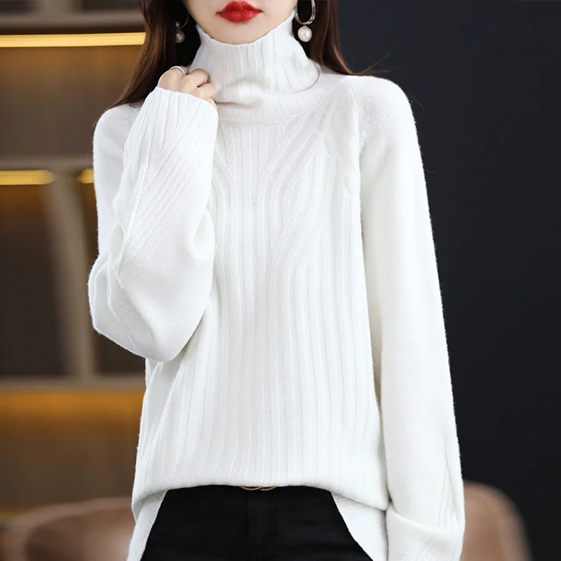 Women Heavy Thicken Warm Sweater 100% Merino Wool Jumper 2023 Autumn Winter New Female High Collar Loose Korean Version Pullover