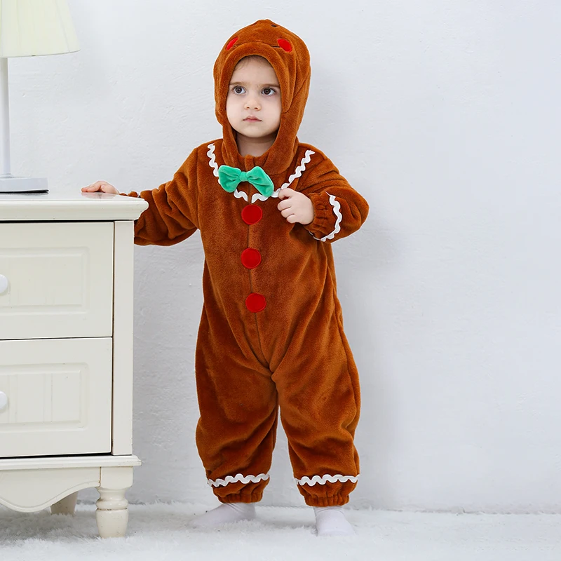 Baby Gingerbread Costume Long Sleeve Embroidery Plush Hooded Romper Newborn Christmas Jumpsuit