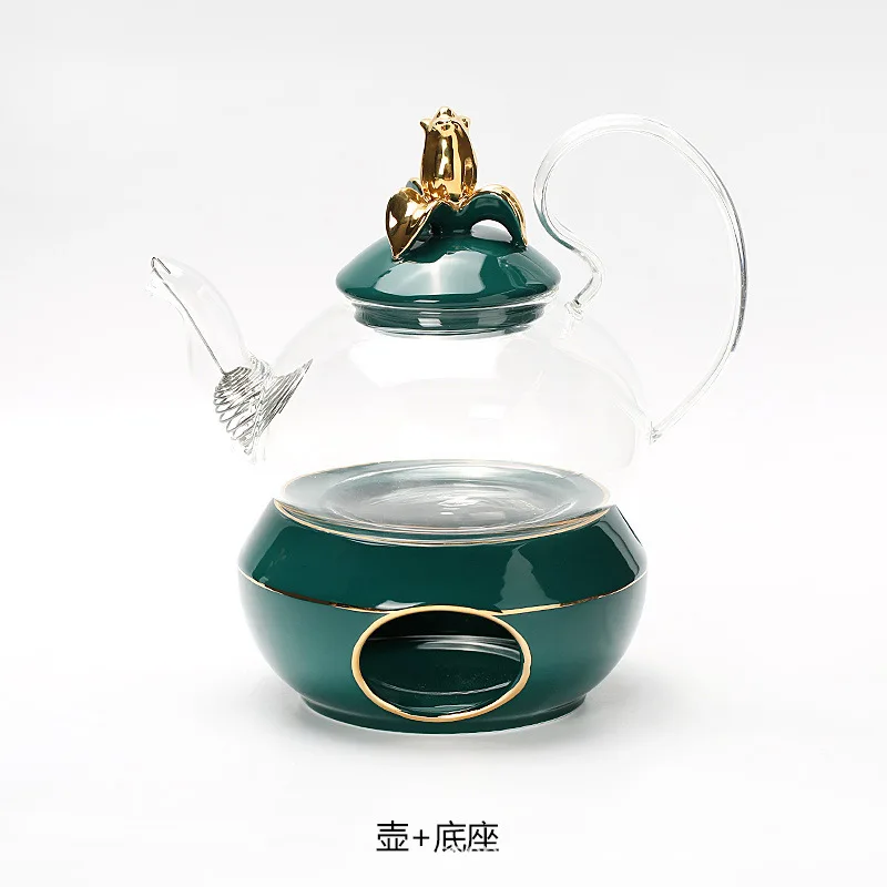 English Light Luxury Flower Tea Pot Set Candle Heating Base Heat Resistant Glass Afternoon Tea Fruit Teapot 600ml Home Gift