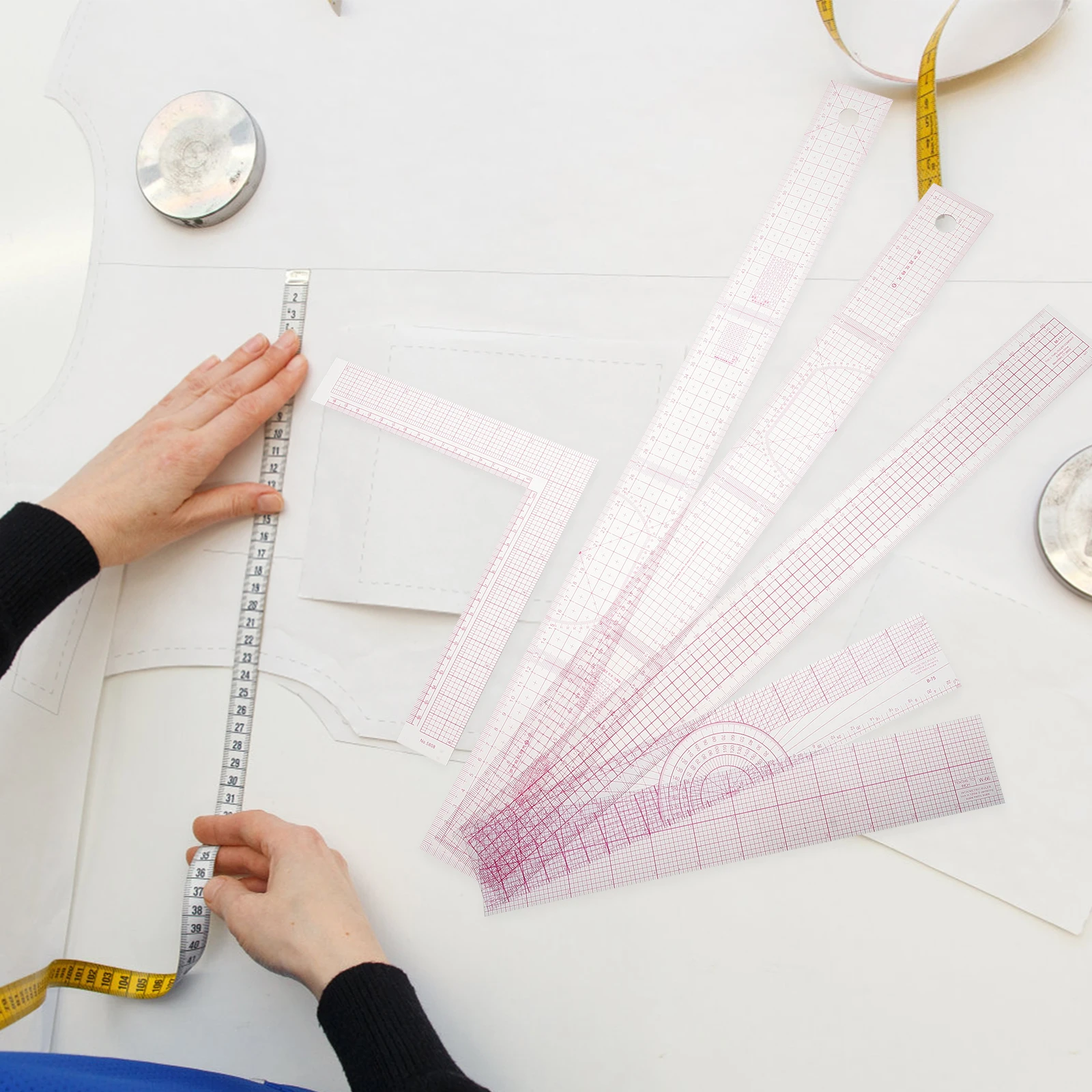 

6pcs Sewing Ruler Set Plastic Fabric Cutting Rulers for Clothing Pattern Making Drawing Guiding Clear Scale Measurement Pink