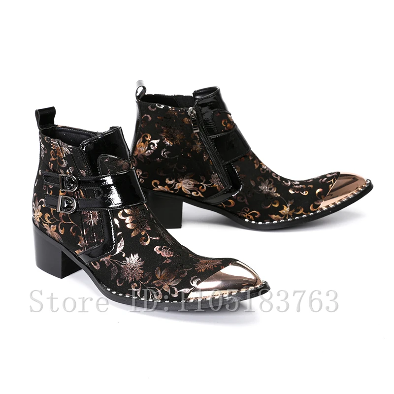 

Luxury Design Golden Floral Print Men Chelsea Boots Metal Pointed Toe Double Buckle Straps High Heels Anlke Boots