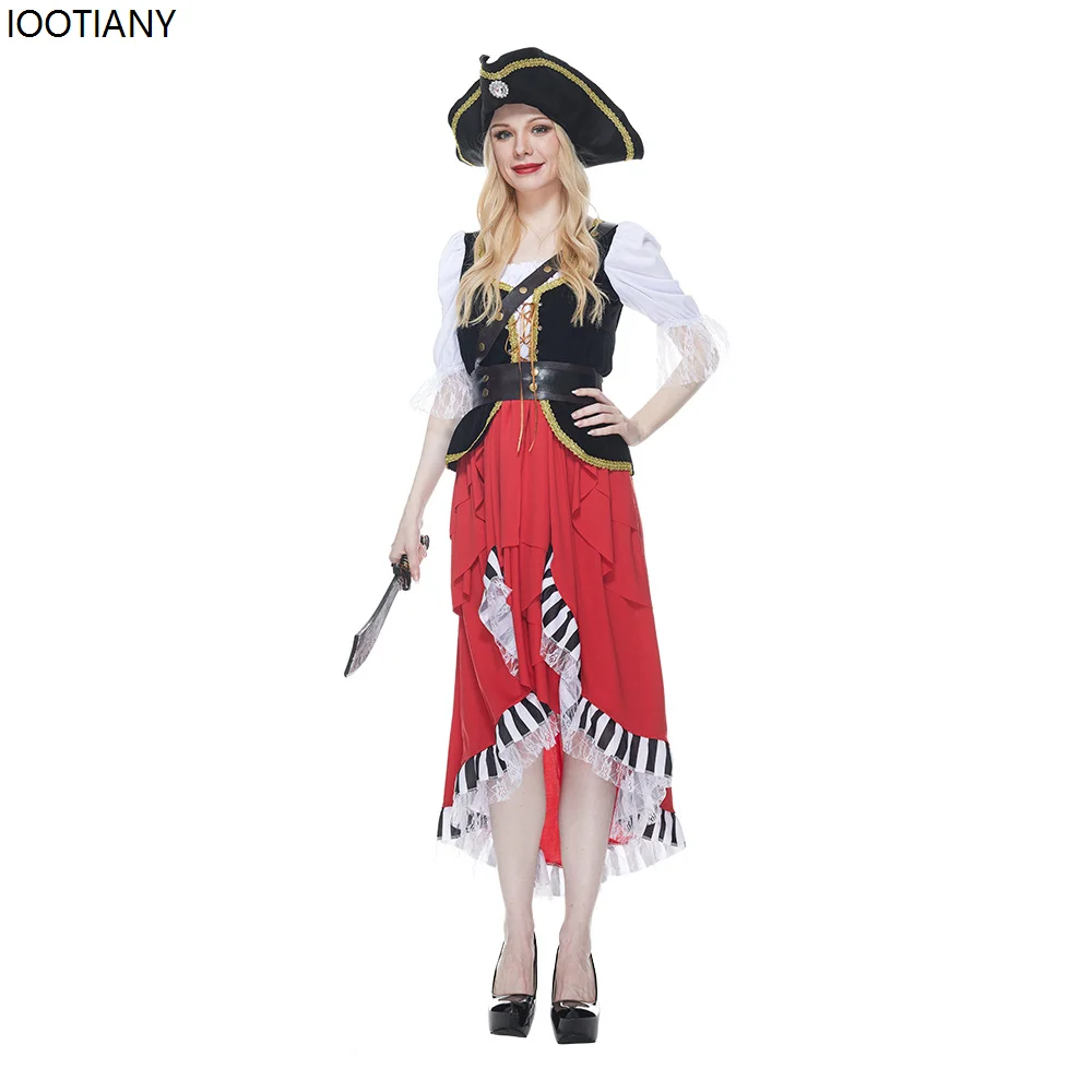 Women Sexy Pirates Of The Caribbean Cosplay Costume Halloween Pirate Captain Fancy Dress With Hat Carnival Party Bar Stage Dress