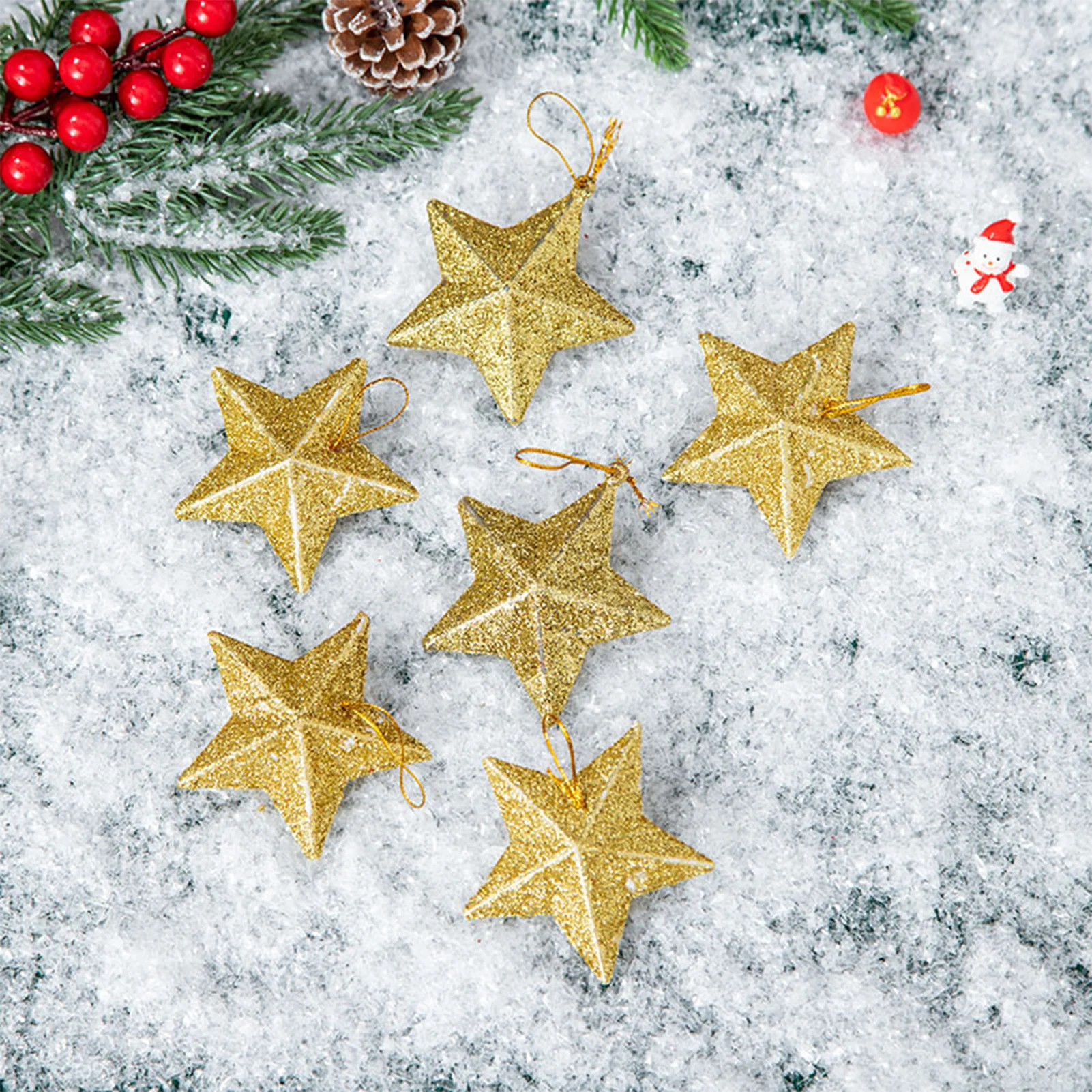 

6pcs 5cm Star Pendants Christmas Tree Glitter Plastic Pentagram Hangings 2025 Xmas Thanksgiving Day Party DIY Decoration Props