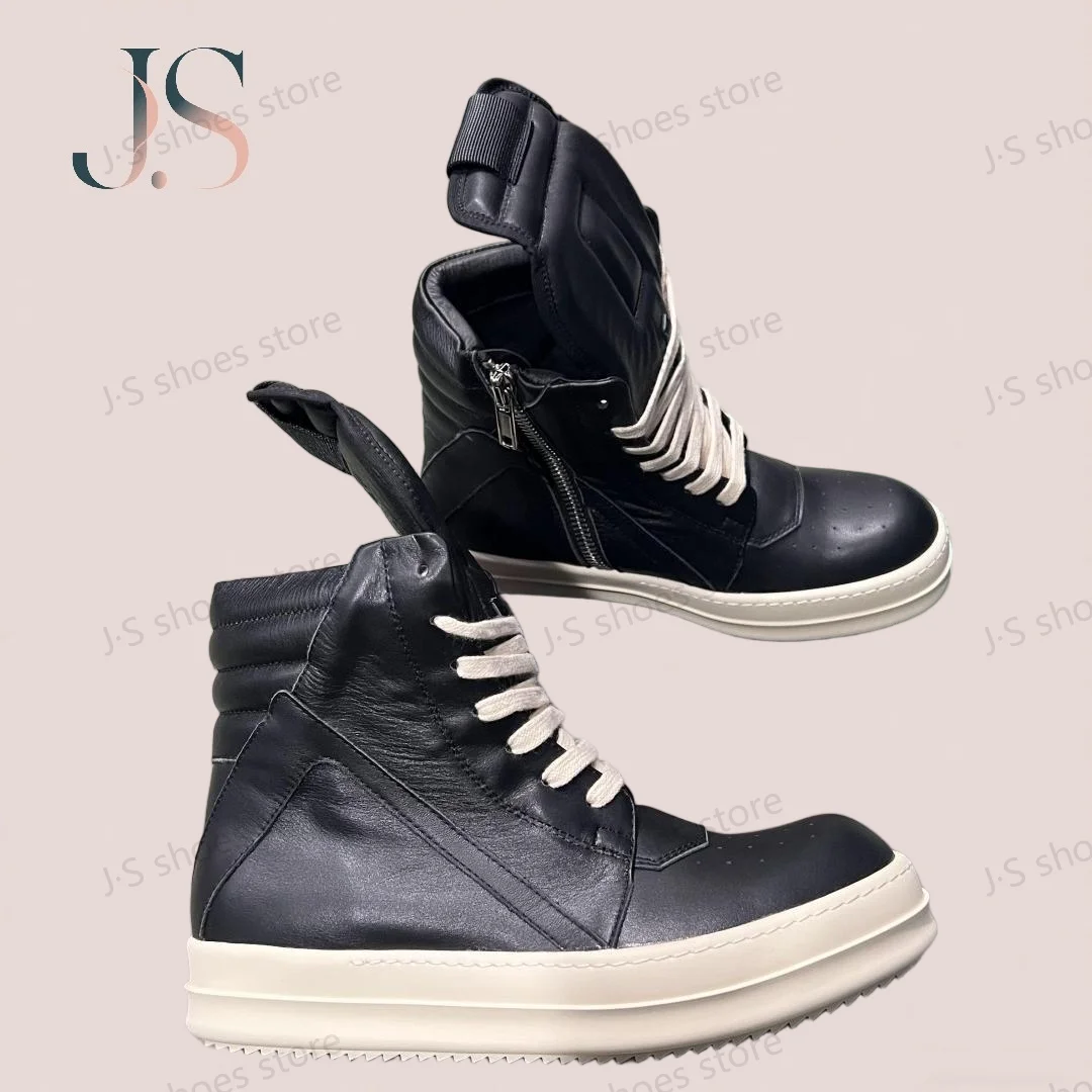 

R-o Classic Sneakers Black Leather High Top Shoe Men Sneaker Zipper Cowhide Women Casual Shoes Lace Up Boot Geobasket Ankle Boot
