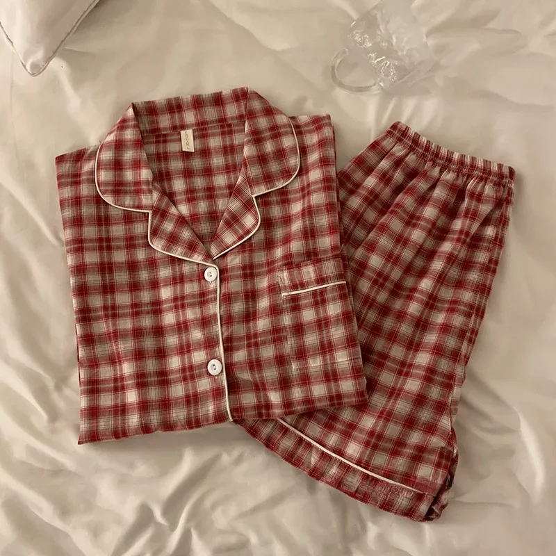 

Korean Style Ins Plaid Pajamas Women Simple Can Be Worn outside Summer New Short sleeve Pure Cotton High-Grade Thin Homewear