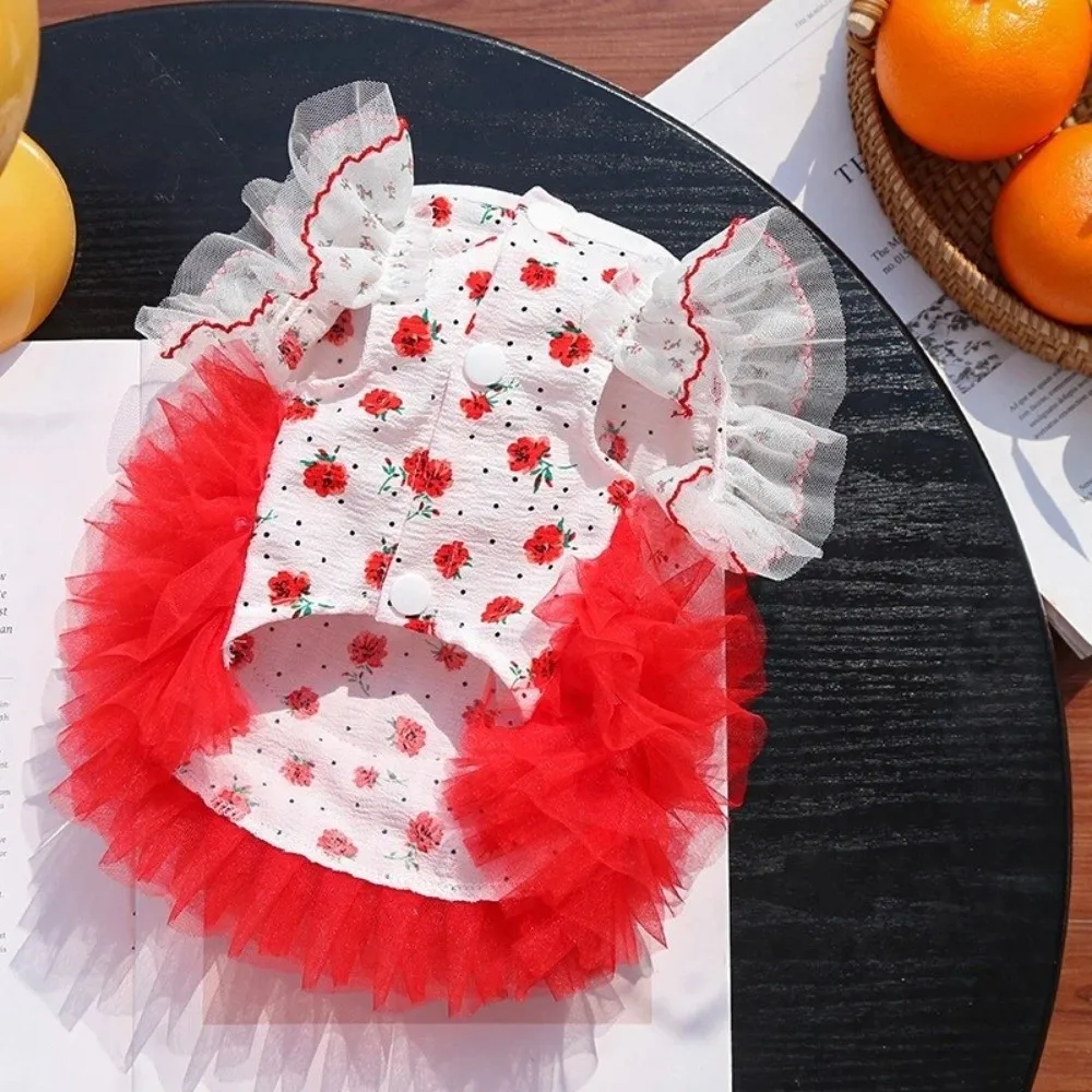 Imagen 3: Falda Tutú con Estampado de Rosas para Gatos, Vestido de Princesa para Mascotas, Delgado, Transpirable y Suave, con Mangas con Volantes, Ropa de Verano para Mascotas
