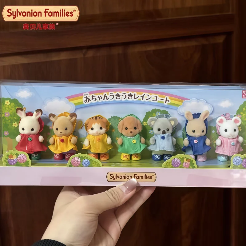 

In Stock Sylvanian Families Rainbow Raincoat Babies Suit Poodle Play Animal Doll Set Collectible Figure Birthday Gift Toy