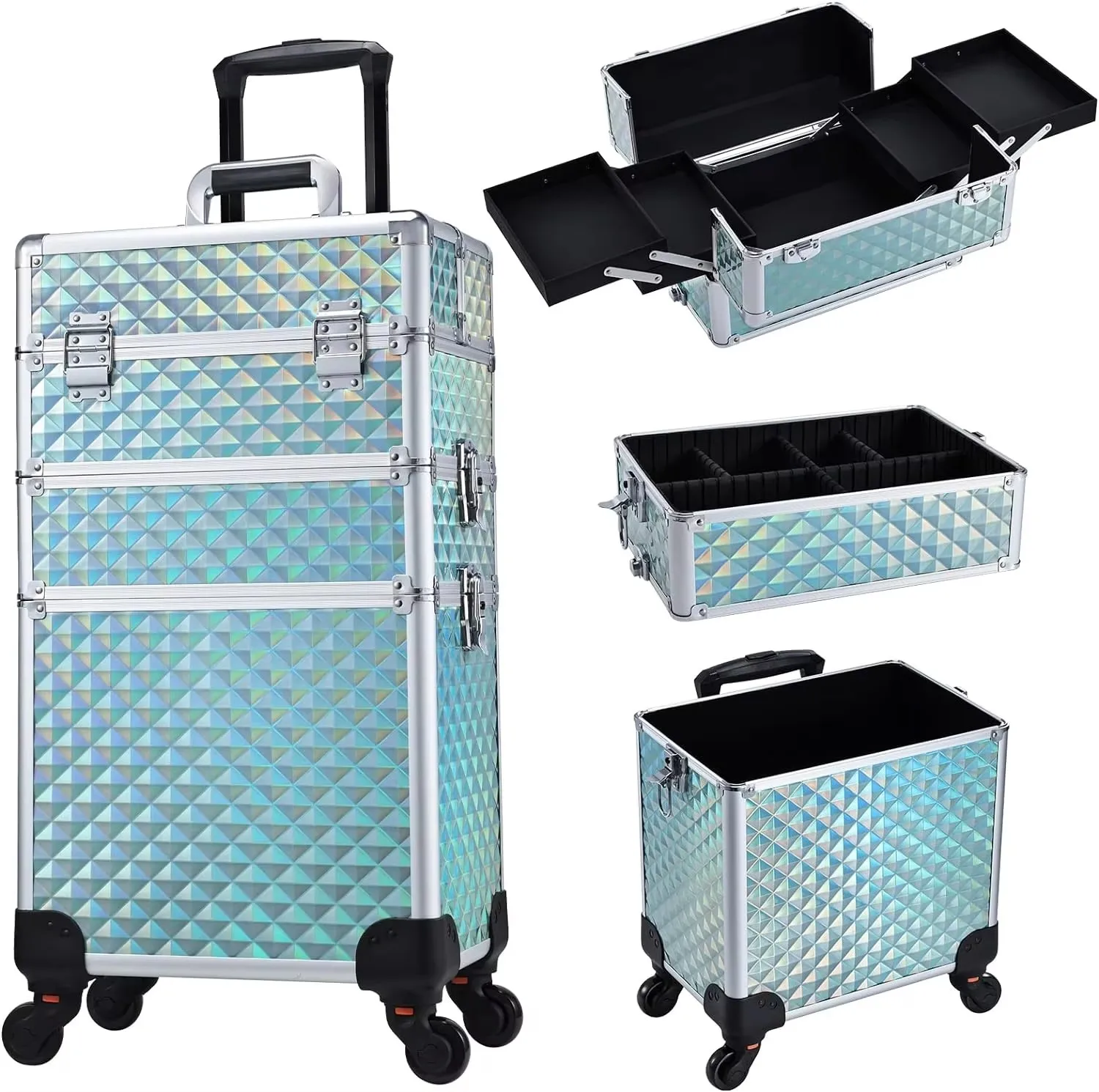 Rollende make-upkoffer 3-in-1 verwijderbare make-upkoffer Cosmetologiekoffer op wielen Afsluitbare make-uptrolley met grote capaciteit voor salon