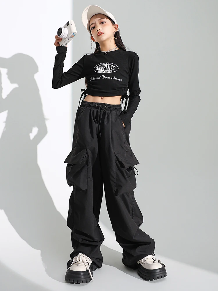 

Hip Hop Girls Clothes Kids Crop Tops Black Pants Jazz Perforamnce Clothing Long Sleeves Kpop Outfits Group Stage Suit BL12282