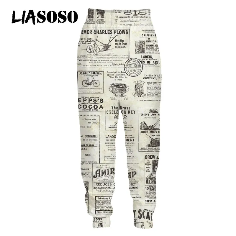 LIASOSO Old Newspaper Men Women Sweatpants Casual Harajuku Style Hip Pop 3D Print Sweat Pants Jogging Sports Men's Clothing