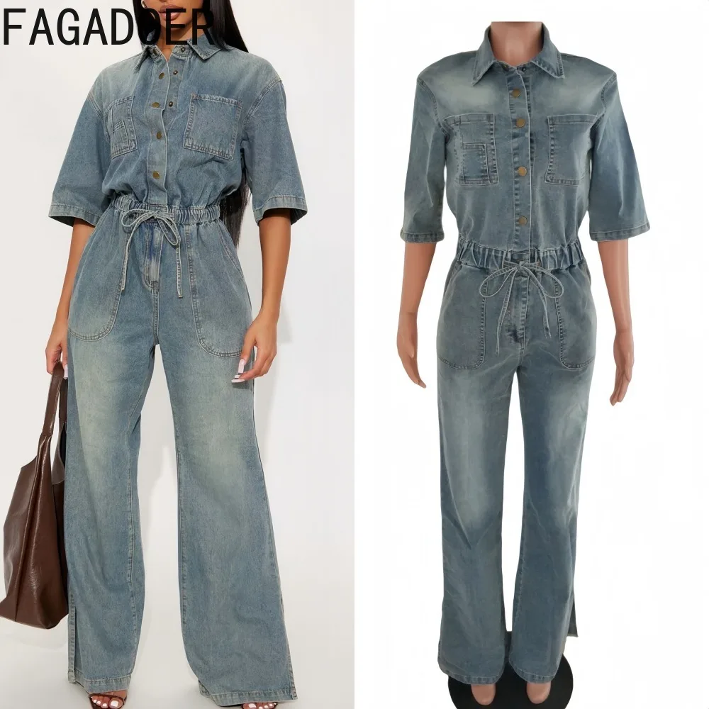 

FAGADOER Retro Fashion Denim Drawstring Patchwork Jumpsuits Woman Solid Color Long Sleeves Rompers Female Streetwear Overalls