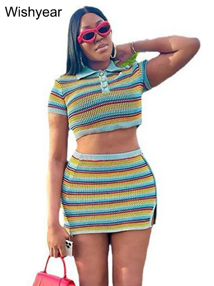 Knitted Stripe Two 2 Piece Dress Set Women Short Sleeve Crop Top and Mini Split Skirts Outfit Sexy Night Clubwear Suit Birthday