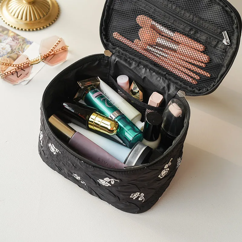 Cosmetic Bags Rose Print Flip Cover Handheld Makeup Bag Casual Large Capacity Travel Storage Bags Portable Brush Pouch