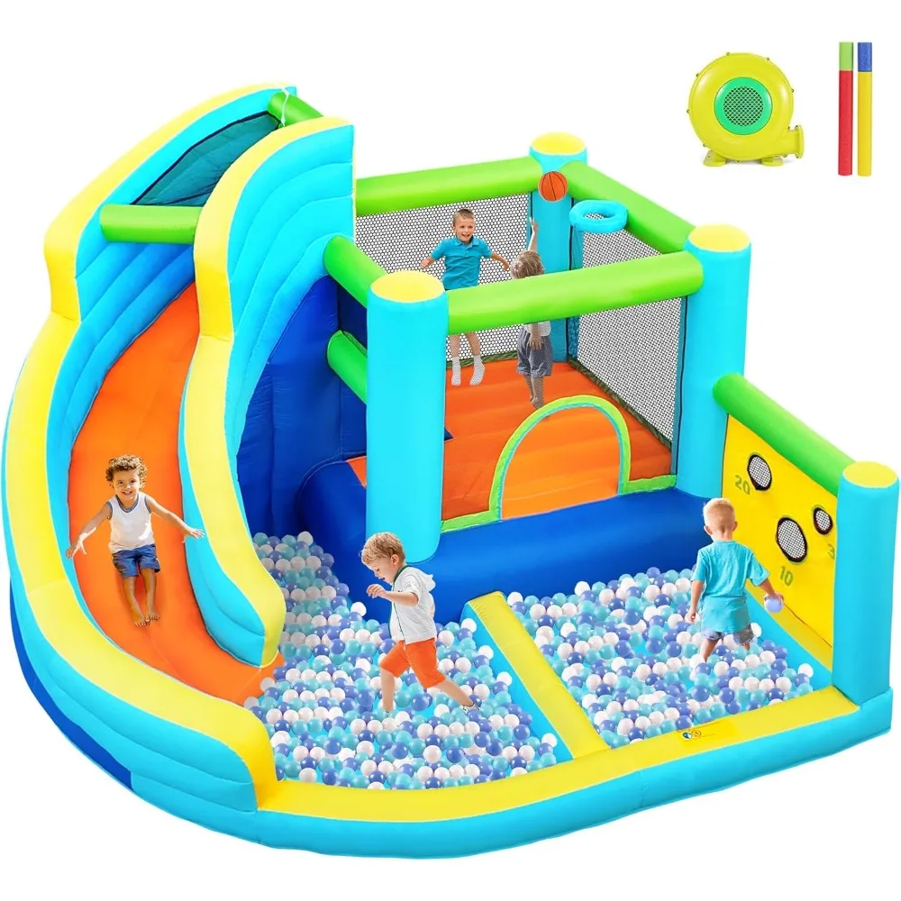 Inflatable Bounce House, Water Slide Park Slide Bouncer with Ball Shooting, Climbing Wall