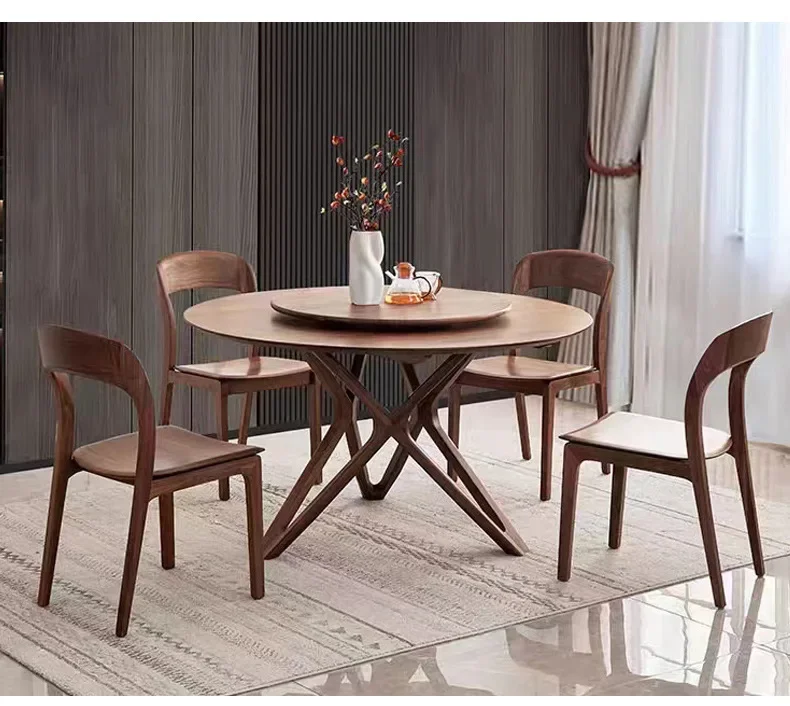 North American black walnut wood dining table, all solid wood round table with rotary table