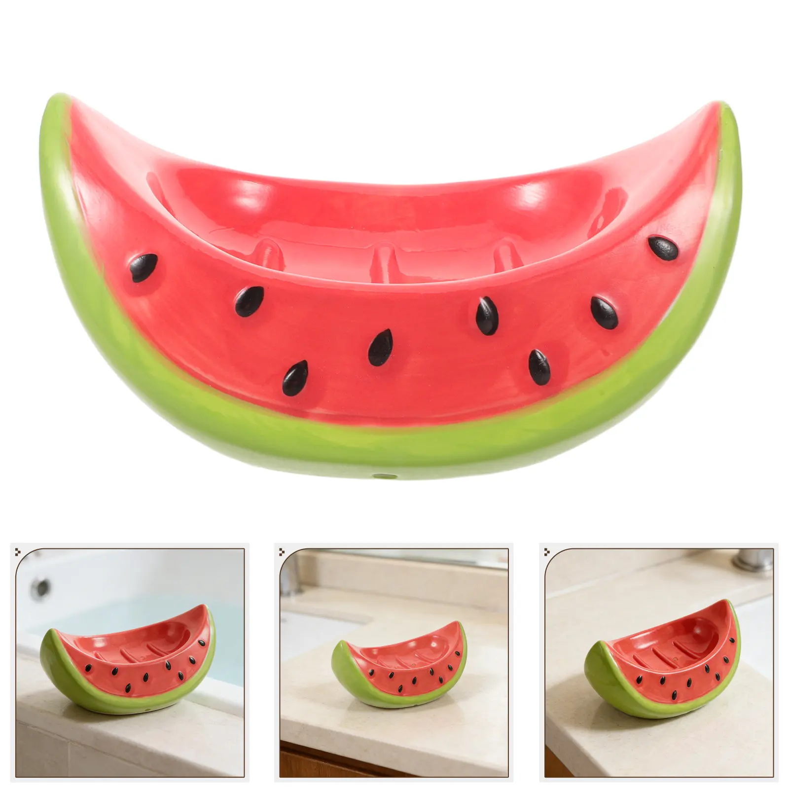 Ceramic Soap Dish Watermelon Shape Self Draining Soap Holder Tray Decorative Bathroom Sink Shower Countertop Sponge Tray