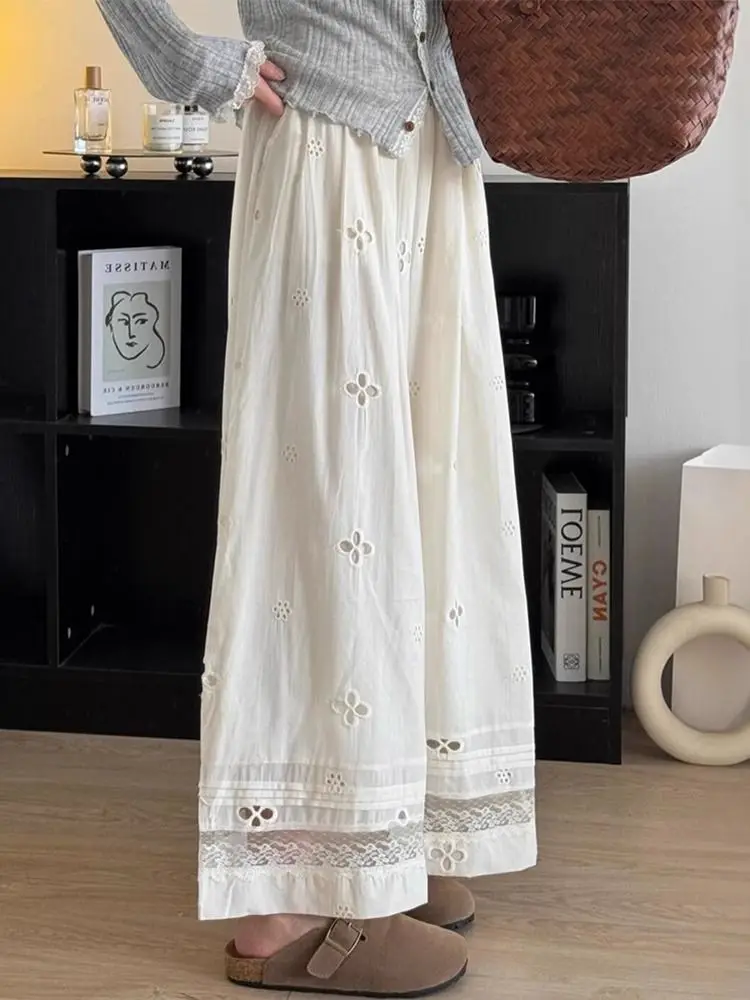 Ele High Waist Lace Hollow out Casual Pants Women's Wide Leg Long Trousers Summer Slimming Loose Fit Straight Leg Jeans