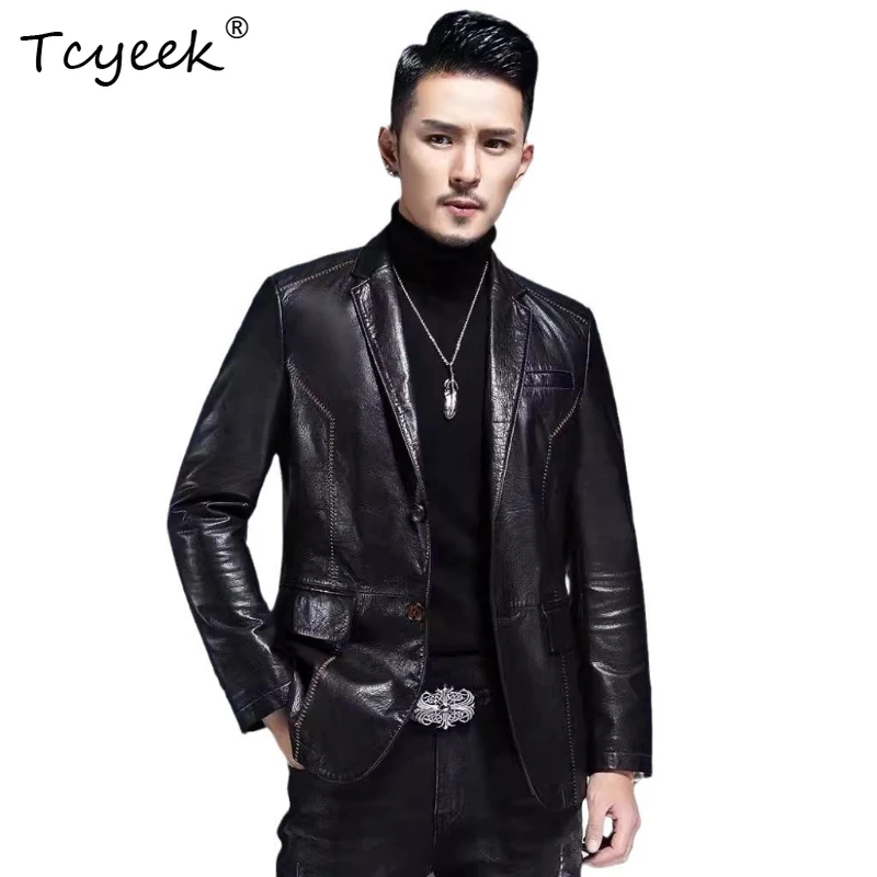 

Tcyeek Top Layer Cowskin Spring Autumn High End Lapel Black Suit Men's Genuine Leather Jacket Jaqueta De Couro Masculina 가죽자켓
