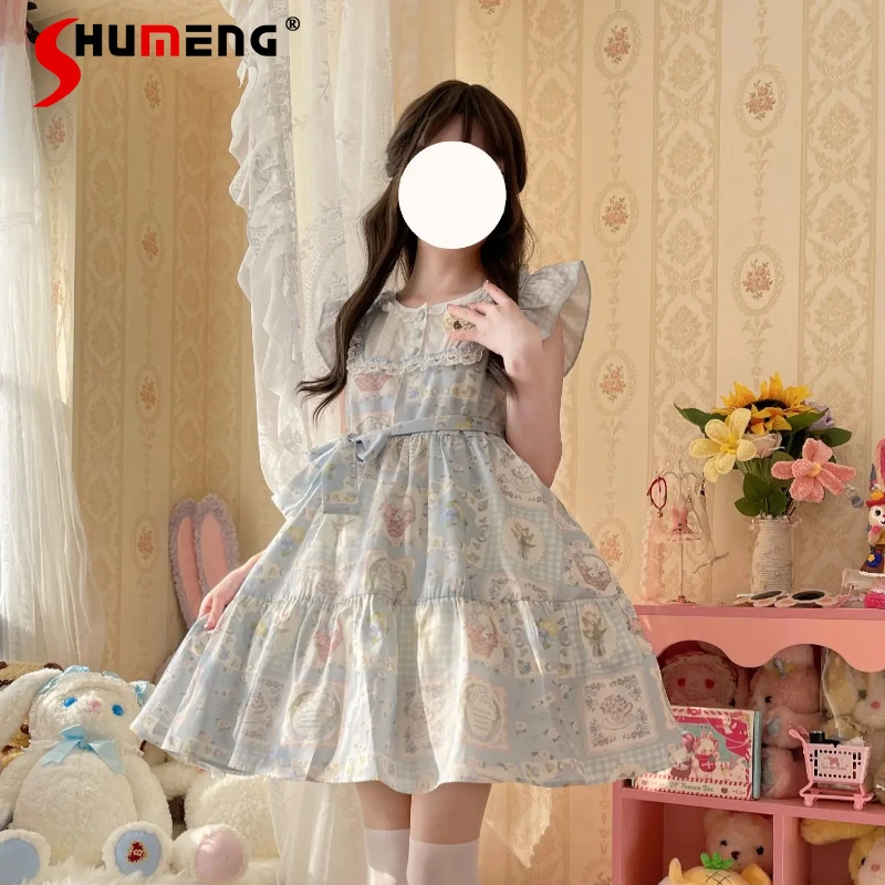 

Original Cla Sweet Lolita Style Short Dress Sweet Girls Cute Print Flying Sleeve Mini Dress Japanese Tea Party Lo Dresses Women