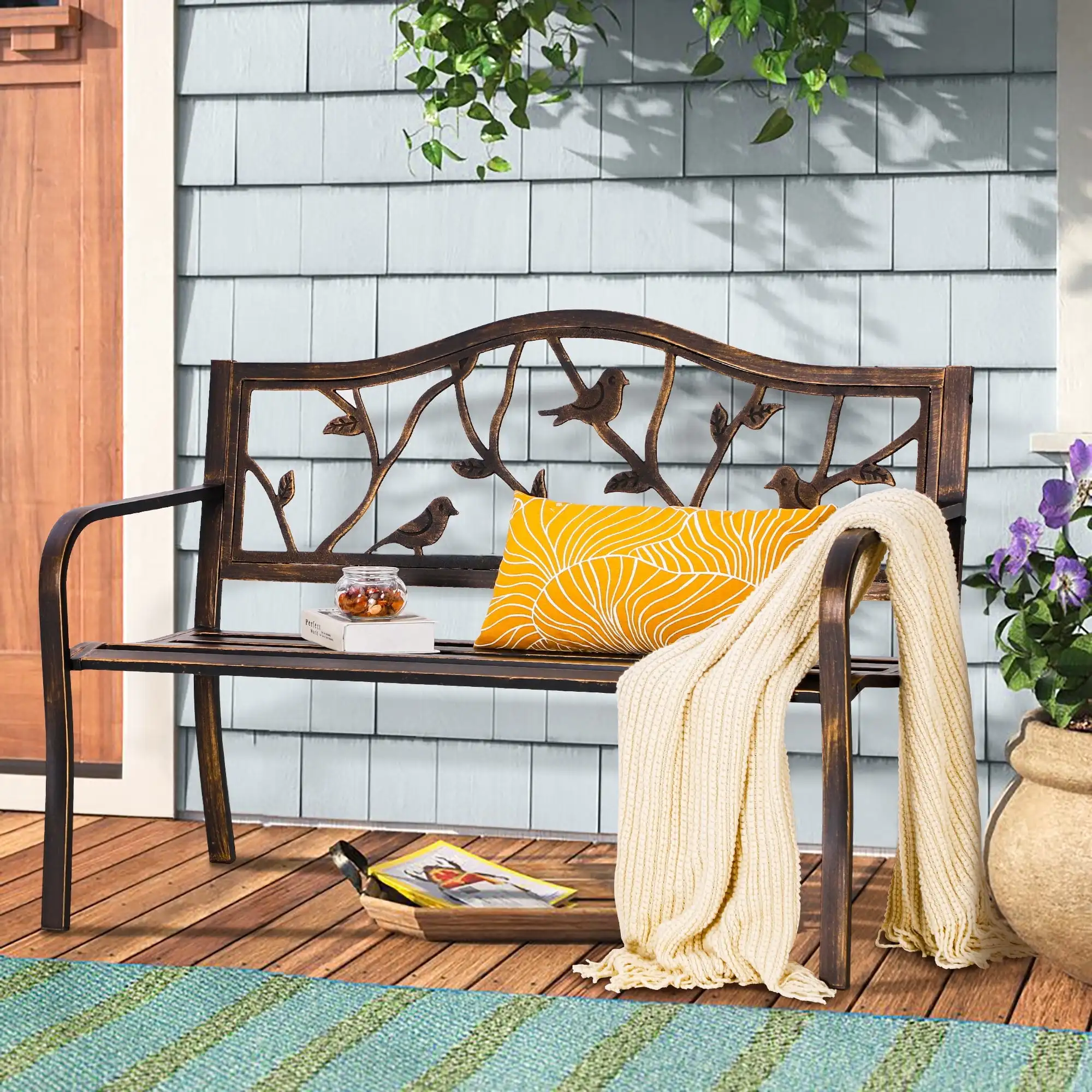 

50" Outdoor Metal Patio Garden Bench Slatted Seat for Lawn, Park, Deck- Bronze