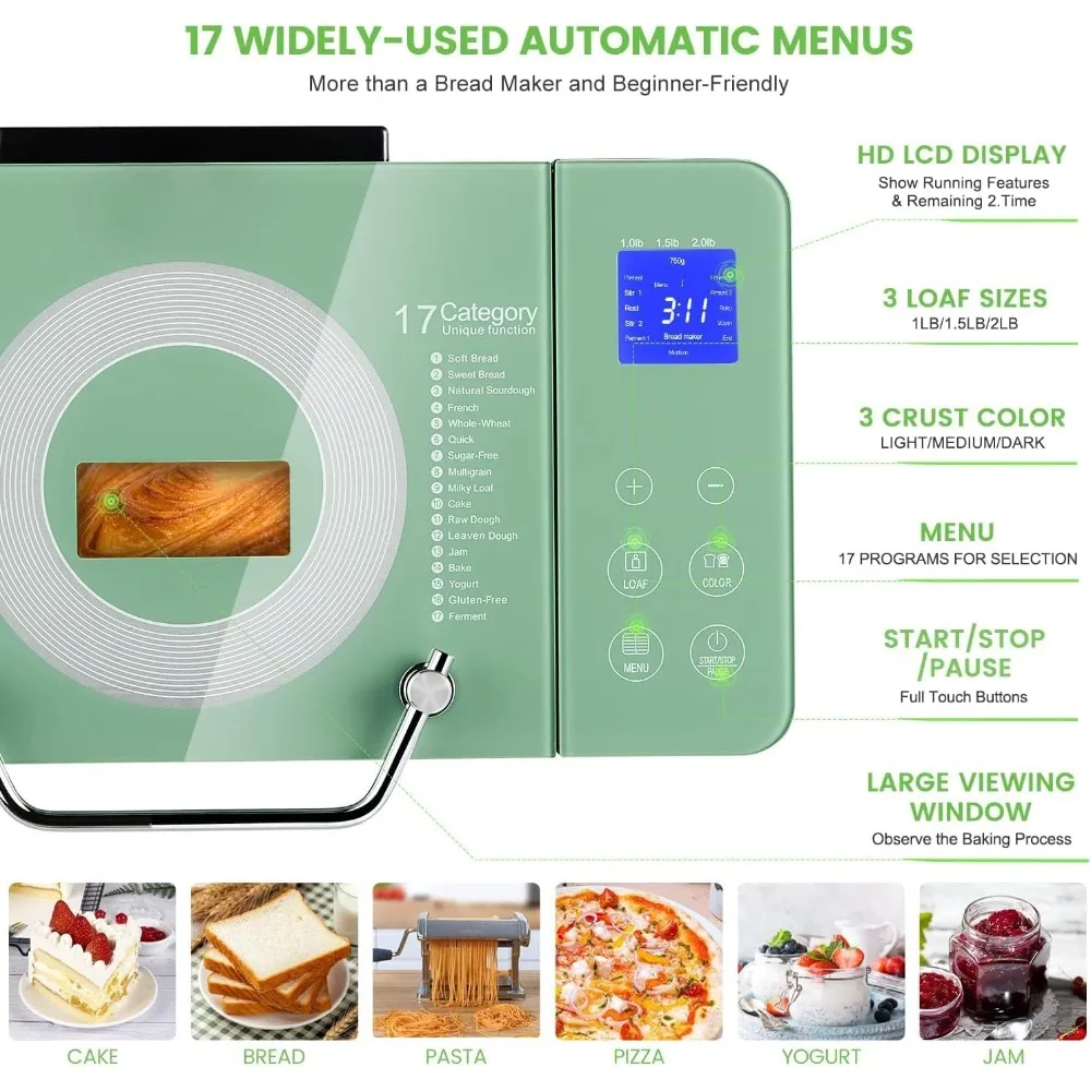 Breadmaker with Gluten-Free, Pizza Dough, Jam, Auto Nut Dispenser,Ceramic Pan&Touch Panel