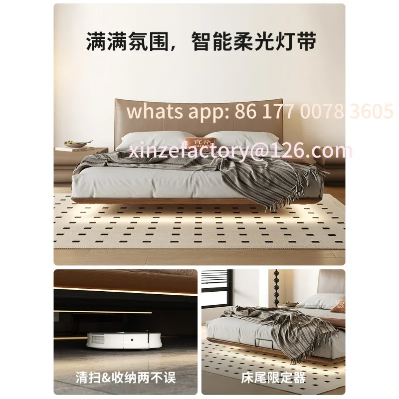 

Customizable retro style leather bed Italian minimalist suspension master bedroom modern simple solid wood flush