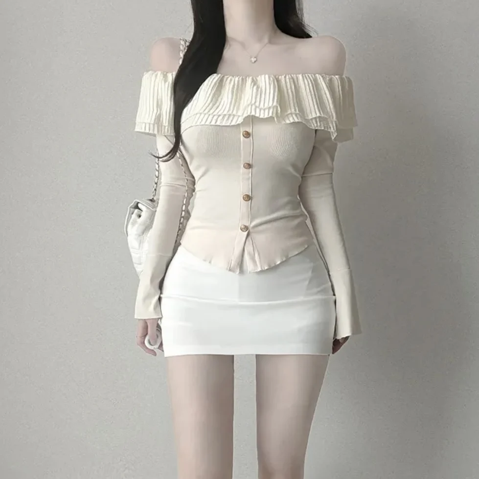 

Spring 2026 Chic Ruffle Sve Knitwear Sweet Slim Fit ort Sle Women's Faion Gelatinous Fiber Top Ele Versatile