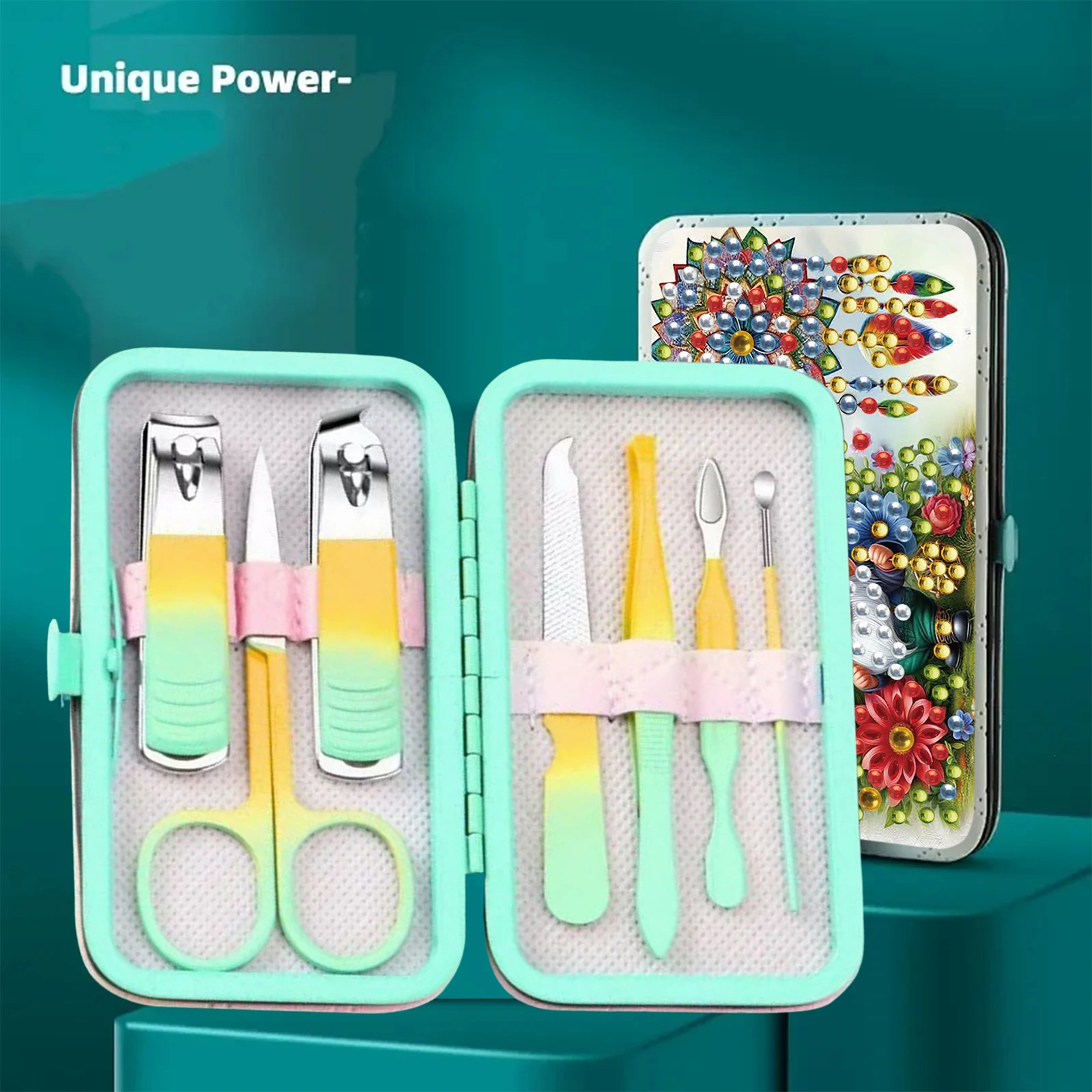 

DIY Irregular Rhinestone Manicure Storage Box Including 7 Professional Nail Care Tools Gift for Family and Home Use