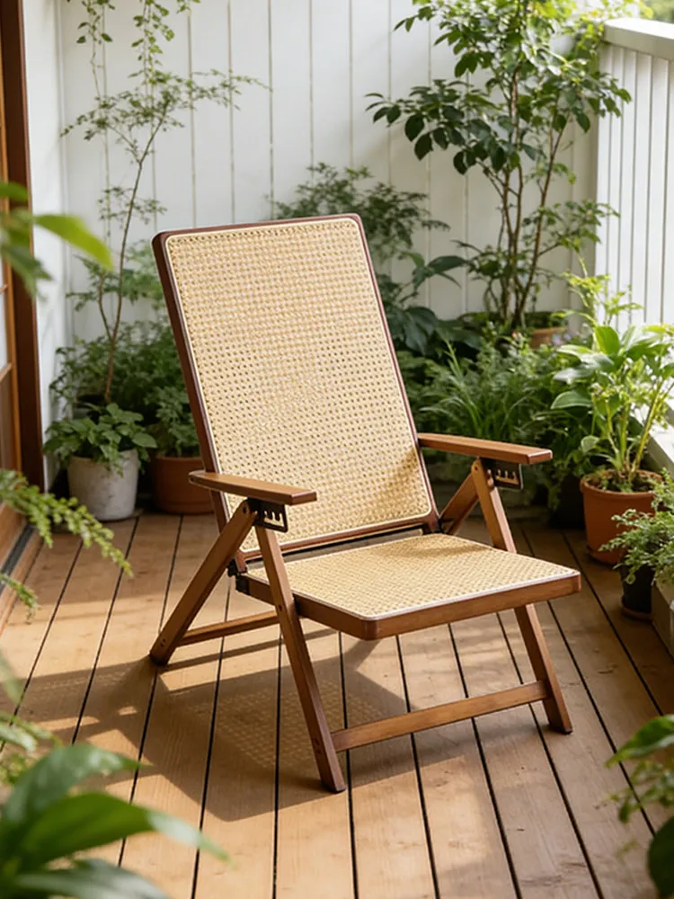Rattan Woven Folding Recliner No Assembly Required Sit Sleep Dual Use Leisure Lazy Chair for Balcony Home Elderly Use