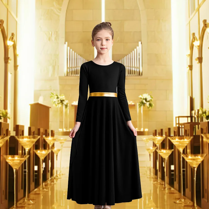 Vestido de baile moderno de alabanza de longitud completa y holgado de manga larga para niña, traje metálico liturgico de adoración, vestido de baile