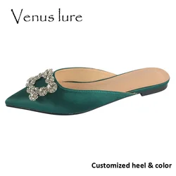 Venus lure Customized 28 Colors Emerald Green Wedding Slippers Pointed Toe Fashion Women Shoes Slipper Crystal Brooch
