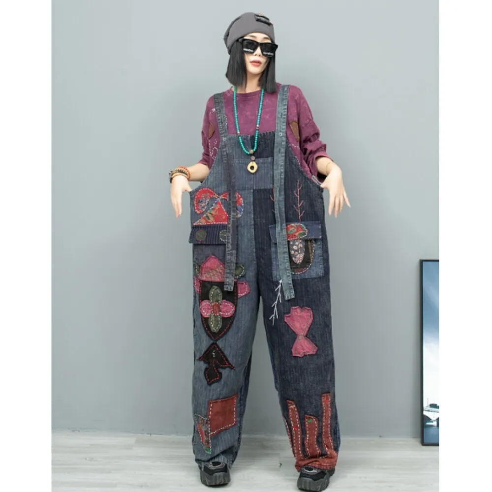 Schwerindustrie hand bestickte Patchwork alten Stoff Spleißen weites Bein Overall Frauen 2024 Herbst hohe Taille Overall lx2228