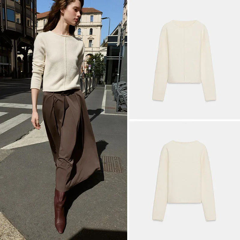 

Ele Long Sve, мягкий трикотаж в рубчик, новый осенний женский модный ZA2025, повседневный свободный крой, круглый вязаный топ для подростков