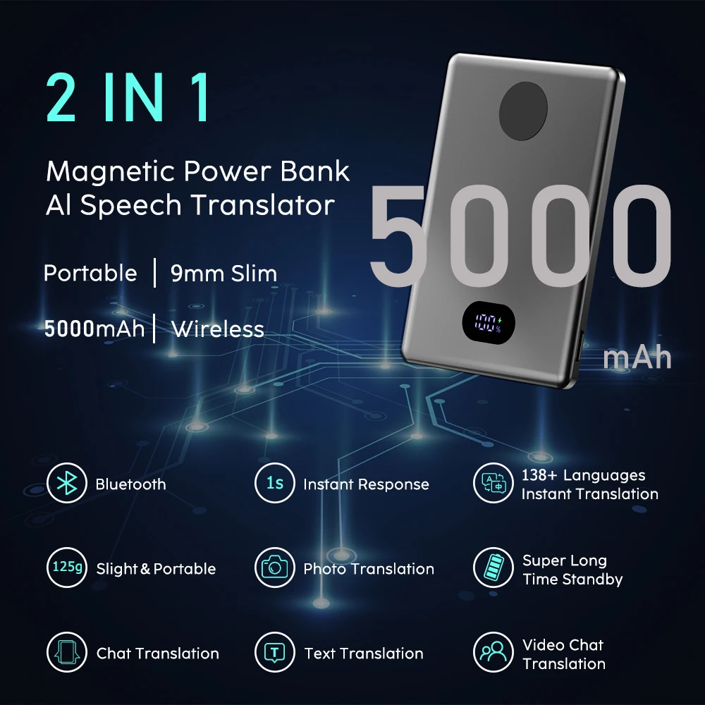 Jianhan 2 IN 1 Language Translator Device with Magnetic Power Bank Real-Time Online Offline Voice Translators for 138 Languages