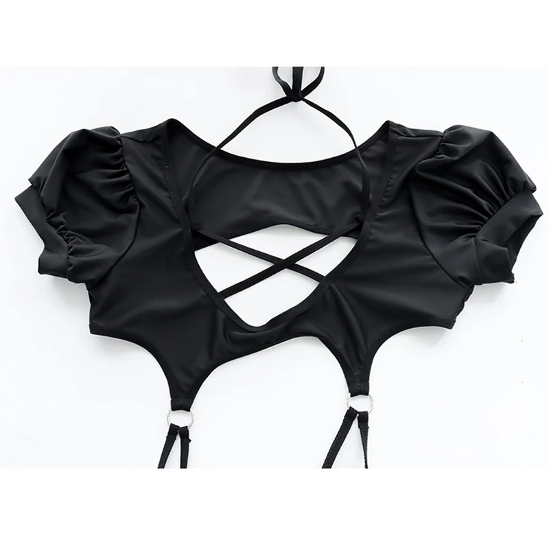 Anime studente manica a sbuffo nero Costume intero Costume da bagno cinghie incrociate tuta costumi da bagno uniforme Pool Party Cosplay