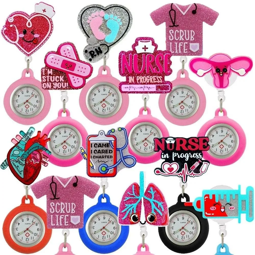 جديد PVC قابل للسحب ووتش بروش الكرتون لطيف ممرضة الجيب الساعات جميل ملون الطبيب شارة بكرة هدية