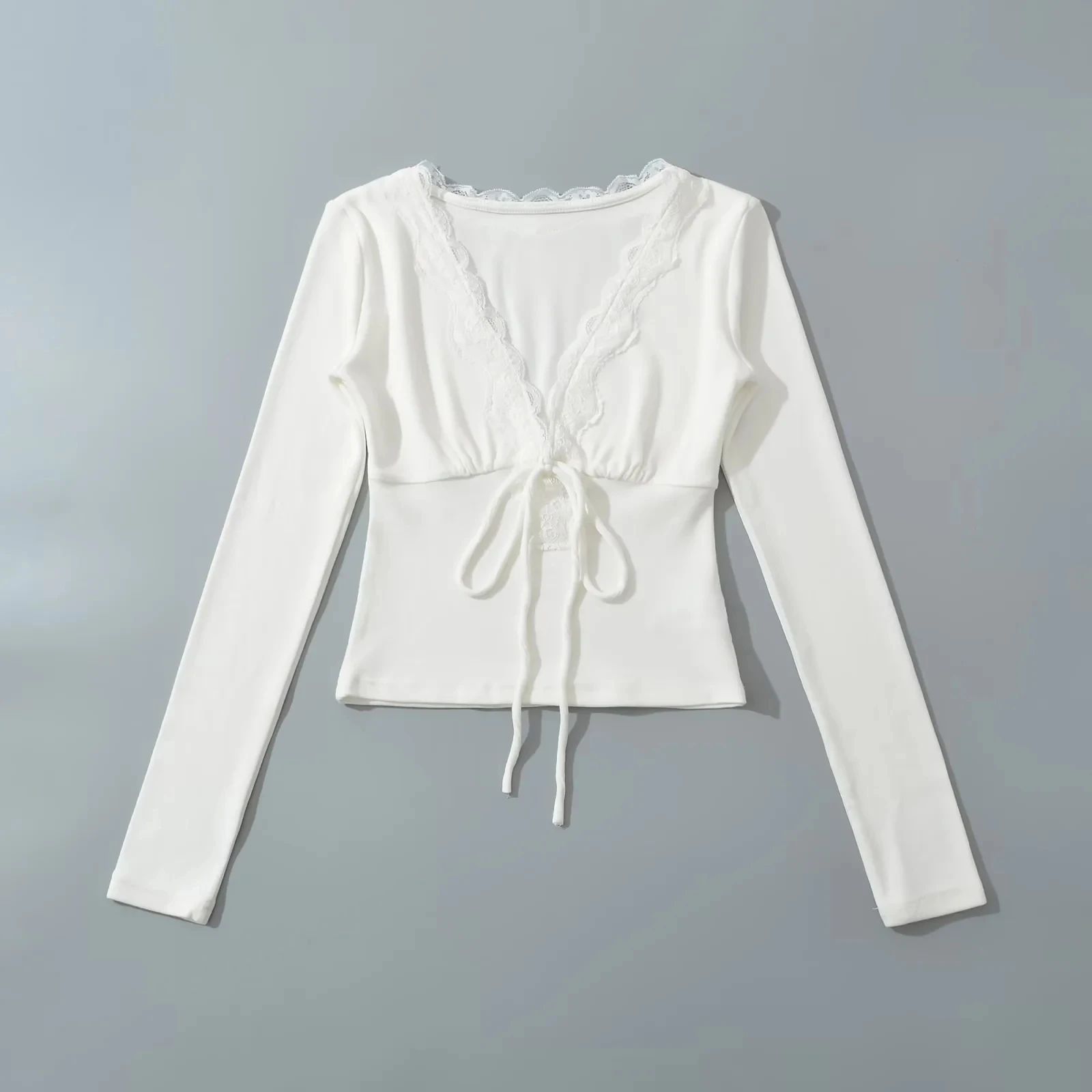 Sexy Pure Desire Spitzenbesatz V-ne T-Shirt Damen Lange Sve Gürtel Schlankheits Taille Top Sommer Herbst Faion Damen T-Shirt