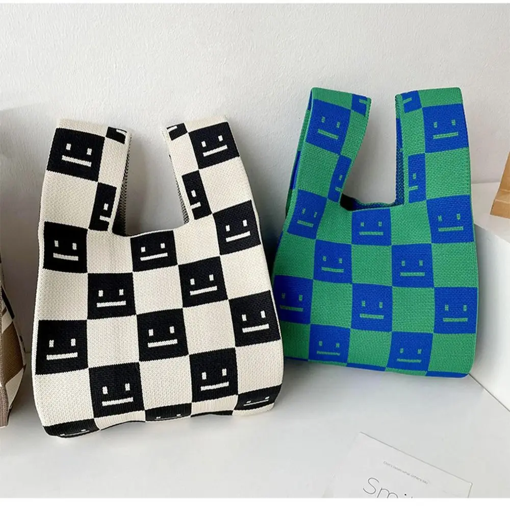 Ręcznie robiona dzianinowa torebka damska Mini węzeł torba na nadgarstek Casual Color Plaid Tote Bag Student torby na zakupy wielokrotnego użytku