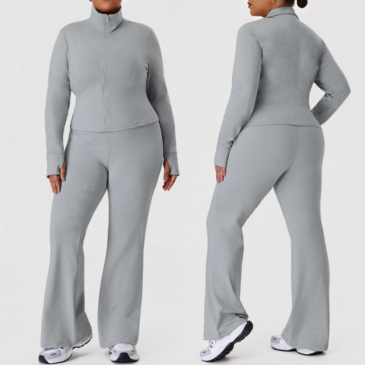 Plus Size Women's 2Pcs Sports Set Outdoor Workout Set Zip Thumb Hole Crop Jacket High Waist Flare Yoga Pants Gym Running Outfit