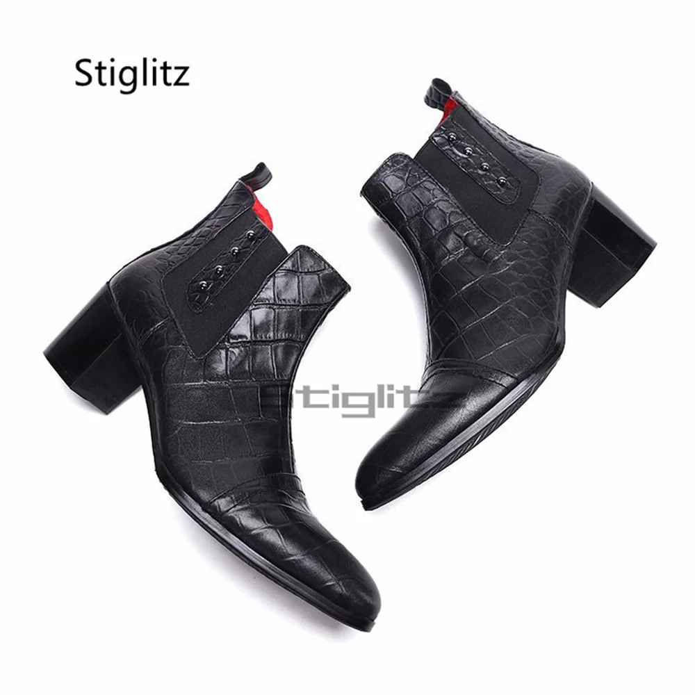 Retro High Heels Chelsea Boots for Men Genuine Leather Pointed Toe Stretch Boots Men's British Stylish Business Office Shoes