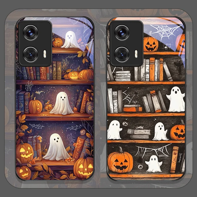 Halloween Pumpkin Ghost Bookshelf Tempered Glass Phone Case for Motorola Moto G85 G84 G75 G55 Edge 50 Fusion 40 Neo 30 Pro Cover