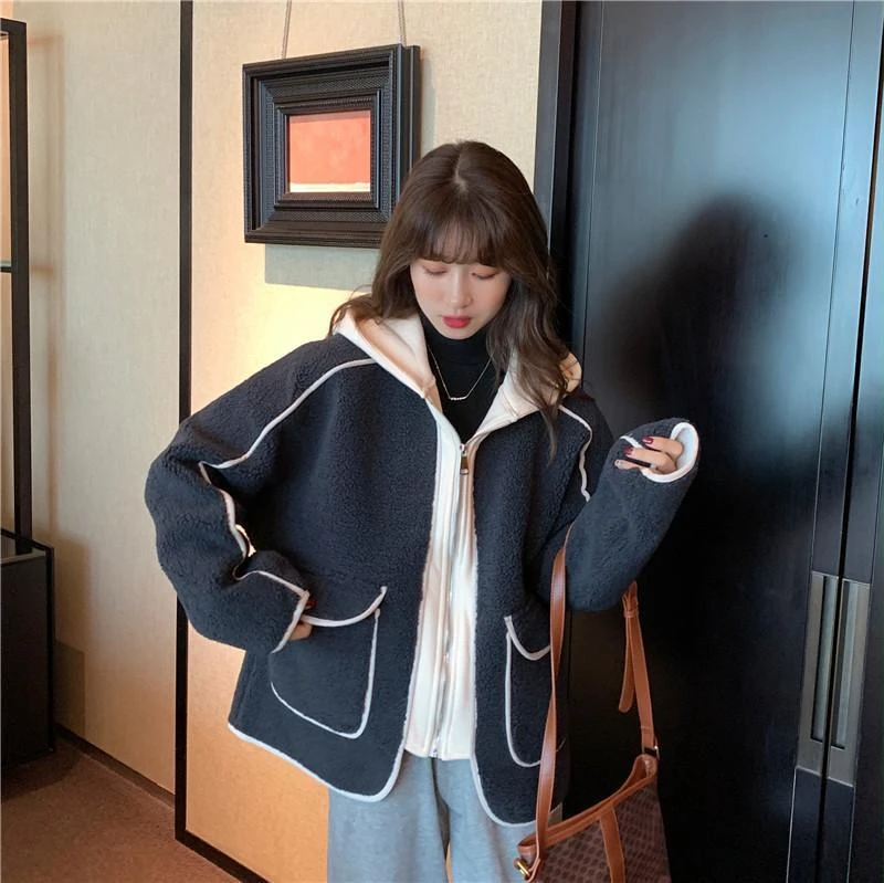 Gidyq Women Patchwork Lamb Wool Jackets Korean Fashion Streetwear Parka Coats Autumn Female All Match Thick Warm Outwear New