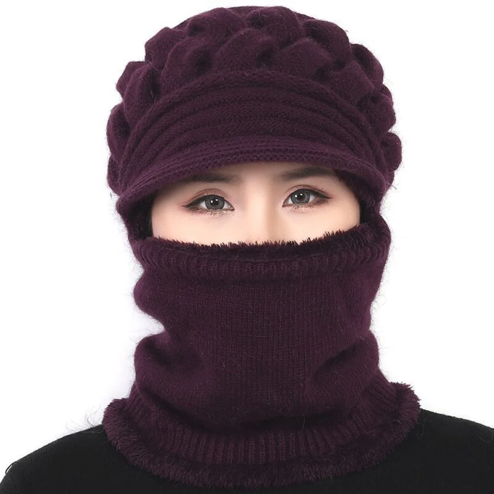 Versatile Coral Fleece Scarf And Hat Set Soft Elastic Hooded Thermal Cap Thickened Integrated Knitted Scarf Women