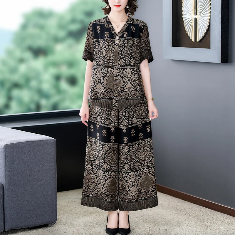 

Women Korean Vintage Elegant Luxury Pants Sets 2024 Summer Print Silk Short Sleeve Loose Top Coats+Wide Leg Pants Two Piece Sets