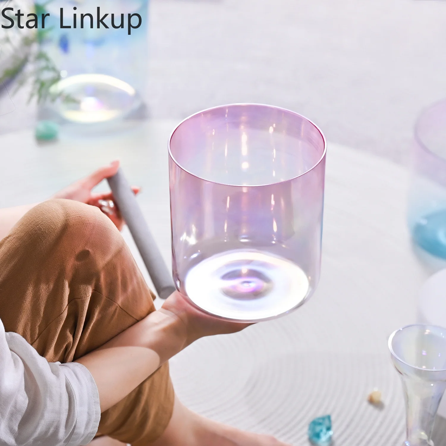 Star Linkup 7 Inch Pink Aura Cosmic Clear Alchemy Colored Quartz Crystal Singing Bowl for Sound Healing with Mallet
