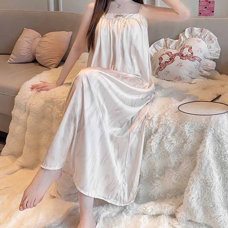 تنورة نوم على الطراز الفرنسي للنساء، سترة أنيقة، فستان طويل، بدون أكمام، حزام معلق، ملابس منزلية مريحة