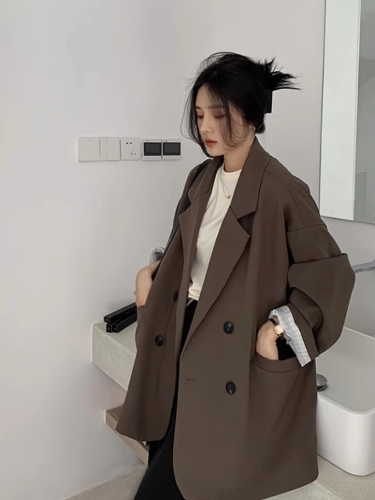 

plus Size Women's Suit Jacket Loose Korean Style Long Sleeve Button up Casual Wear Polyester Fiber Autumn Winter Outerwear