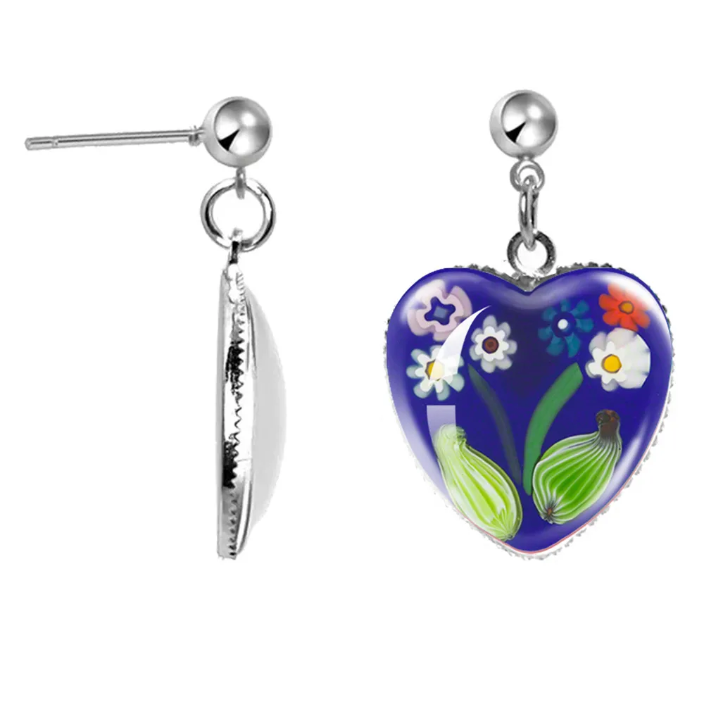 Murano Millefiori Earrings Multi Colour Flower Glass Cabochon Heart Earrings Jewelry For Women Girls Gift Wholesale