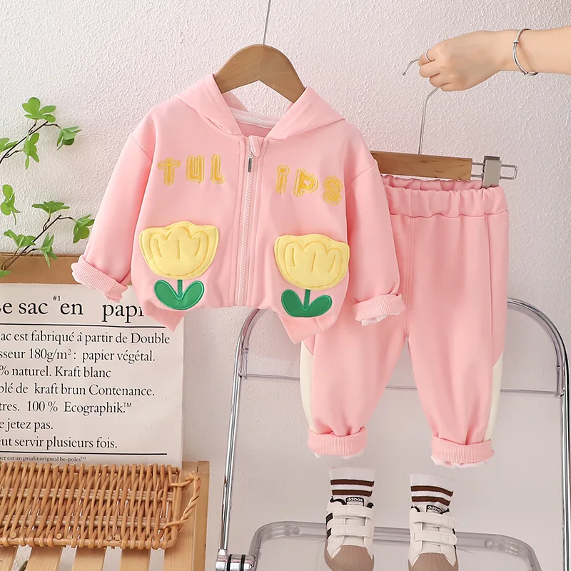 2024 Spring Autumn Fashion Baby Girl Clothes 2 To 3 Years Flower Pocket Hooded Jackets and Pants Two Piece Girls Boutique Outfit