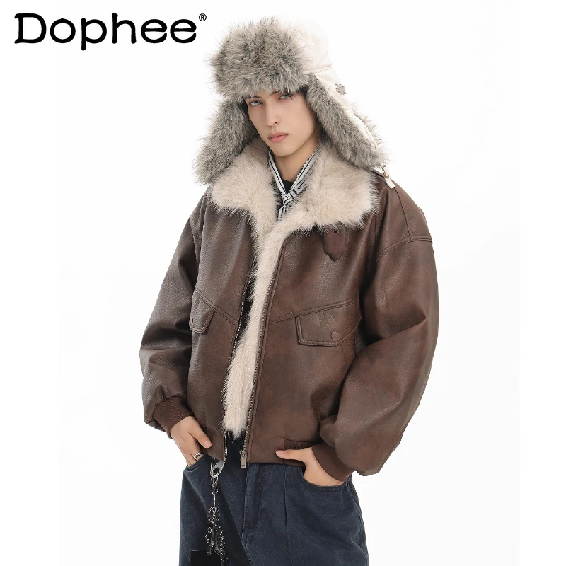 

Men's 2025 Winter New High-End Parkas Men's Retro Stylish Motorcycle Style Thickened PU Leather Parkas Male Handsome Chic Coats